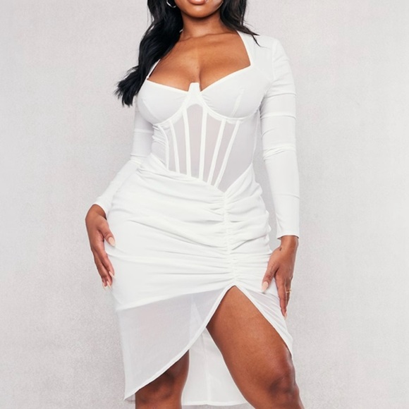 NWT PrettyLittleThing Shape Cream Corset Detail Ruched Midi Dress - Picture 1 of 8
